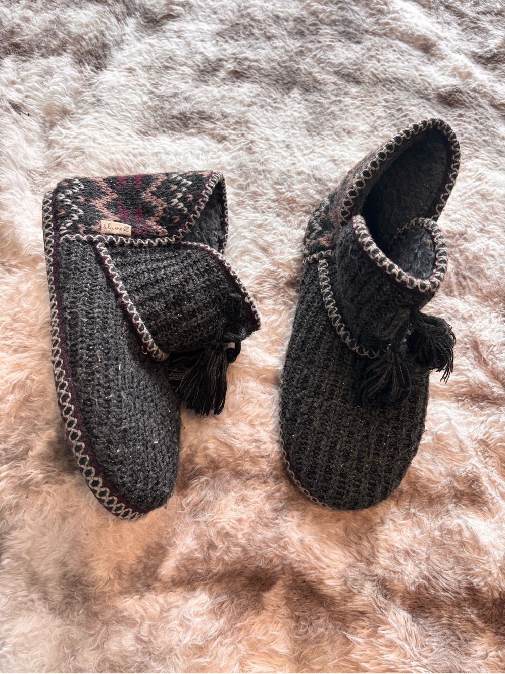Muk Luks Black Knit Tassel Slipper Boots with Patterned Cuff